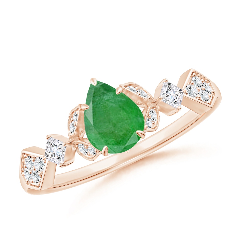7x5mm A Vintage Style Pear Emerald Engagement Ring with Leaf Motifs in Rose Gold 