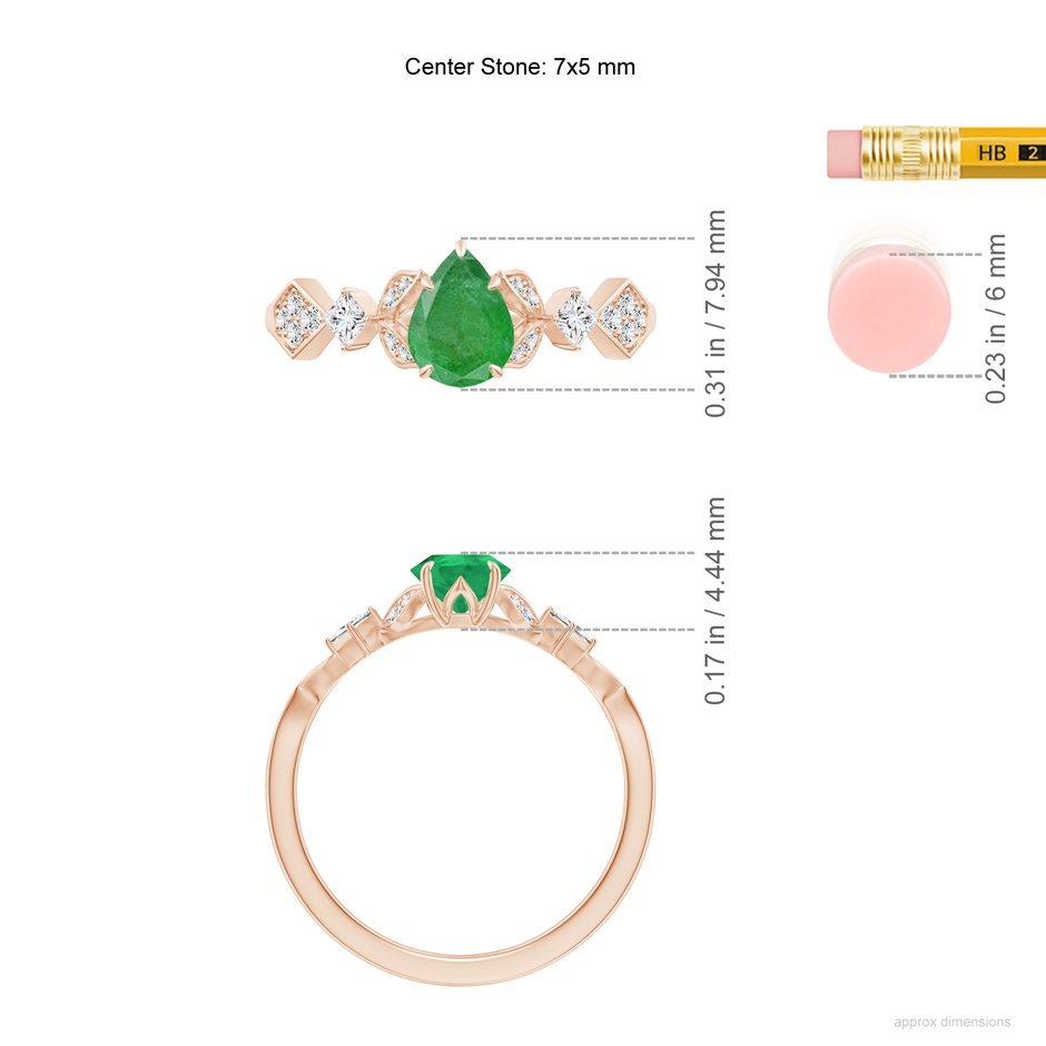 7x5mm A Vintage Style Pear Emerald Engagement Ring with Leaf Motifs in Rose Gold ruler