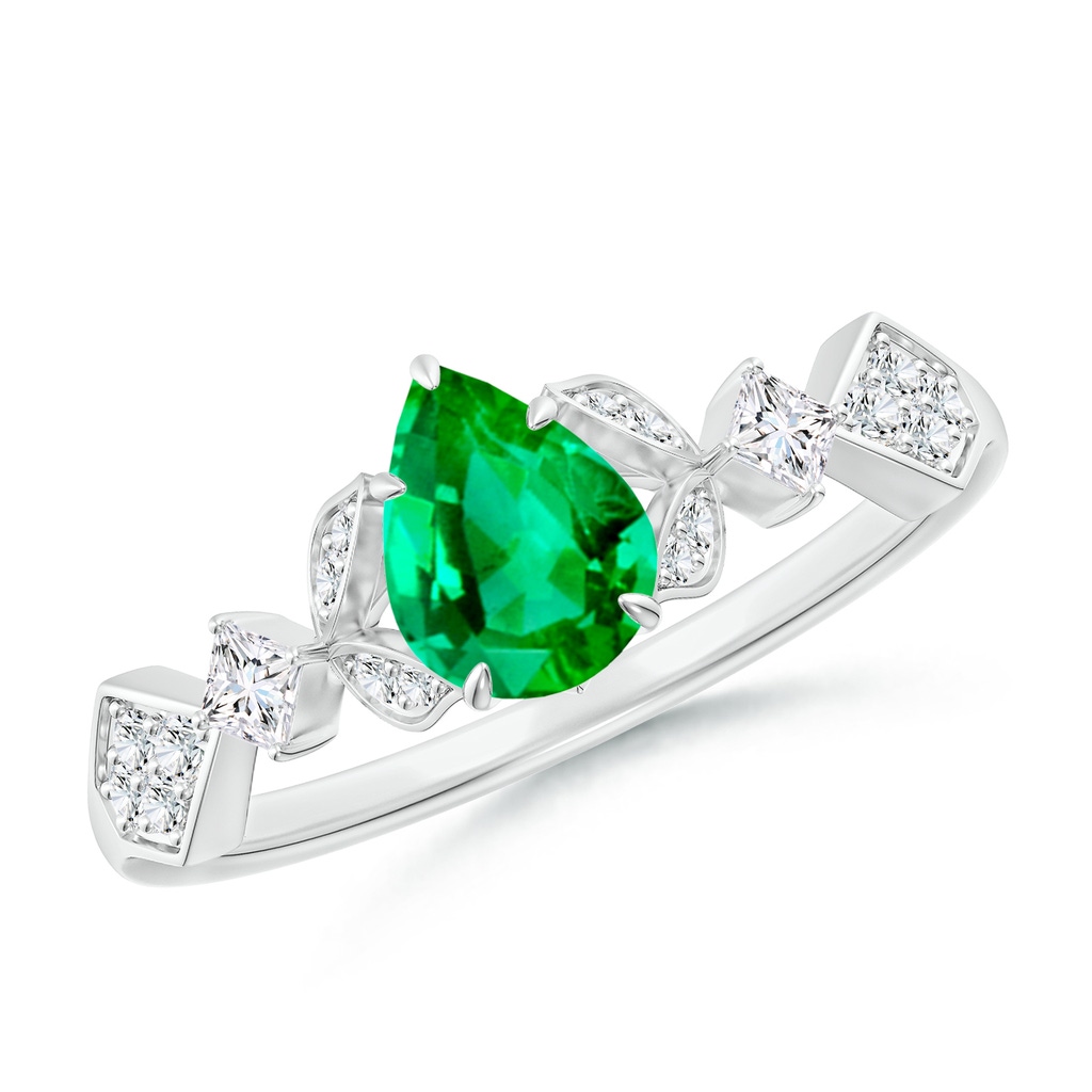 7x5mm AAA Vintage Style Pear Emerald Engagement Ring with Leaf Motifs in 18K White Gold