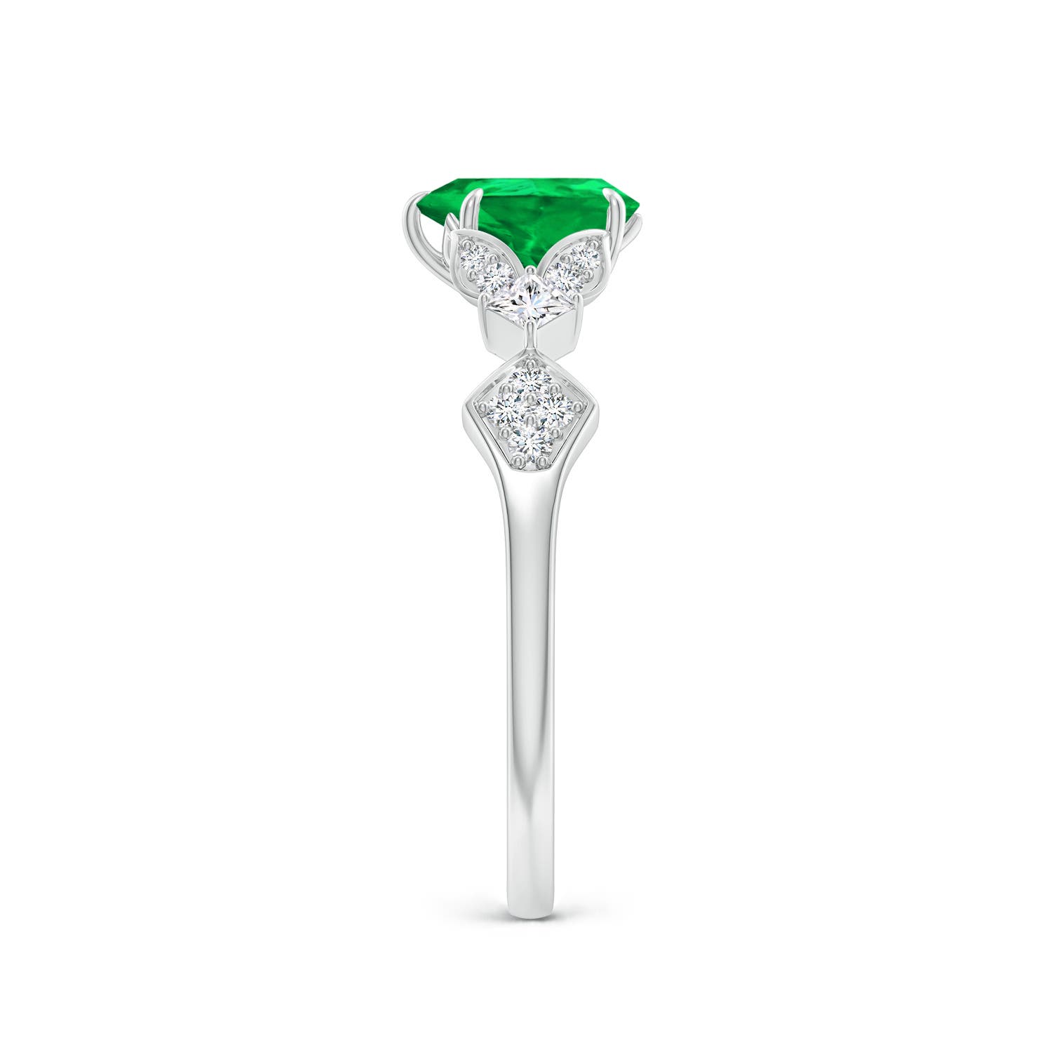 7x5mm AAA Vintage Style Pear Emerald Engagement Ring with Leaf Motifs in 18K White Gold - side 3
