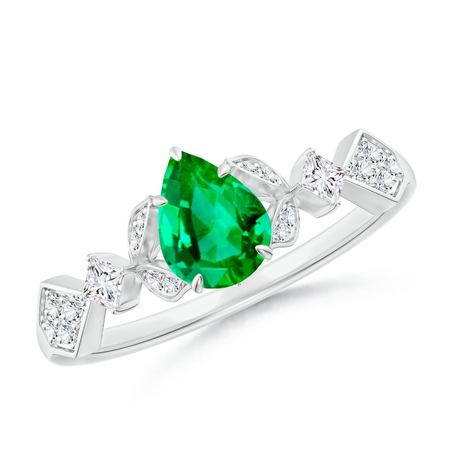 7x5mm AAA Vintage Style Pear Emerald Engagement Ring with Leaf Motifs in White Gold