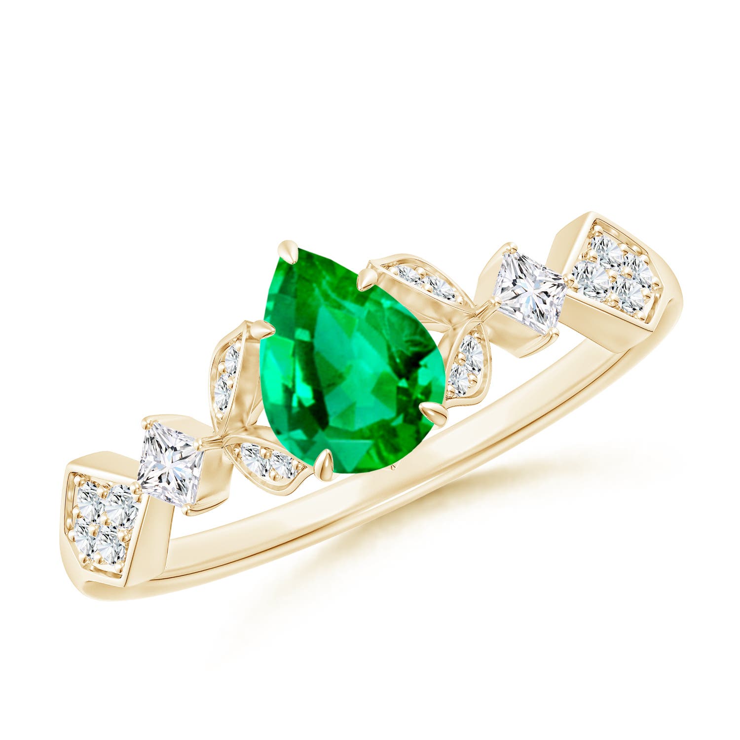 7x5mm AAA Vintage Style Pear Emerald Engagement Ring with Leaf Motifs in Yellow Gold