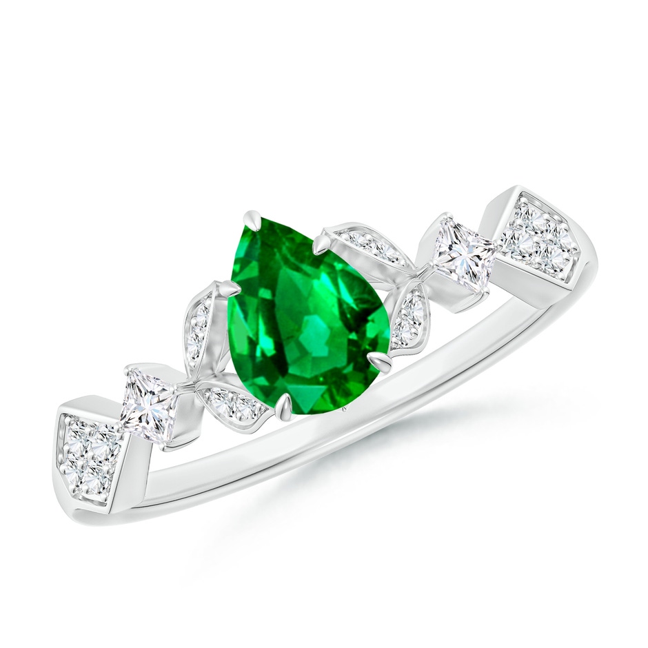 7x5mm AAAA Vintage Style Pear Emerald Engagement Ring with Leaf Motifs in White Gold 