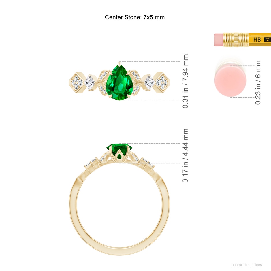 7x5mm AAAA Vintage Style Pear Emerald Engagement Ring with Leaf Motifs in Yellow Gold ruler