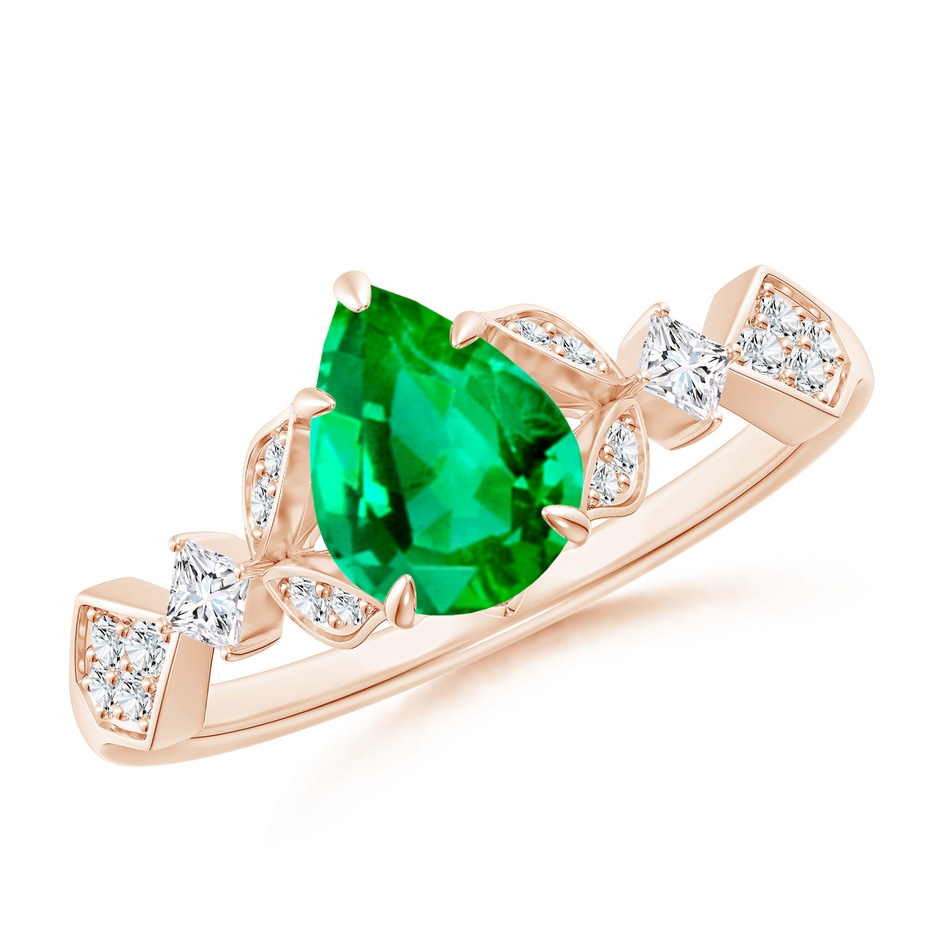 8x6mm AAA Vintage Style Pear Emerald Engagement Ring with Leaf Motifs in Rose Gold 