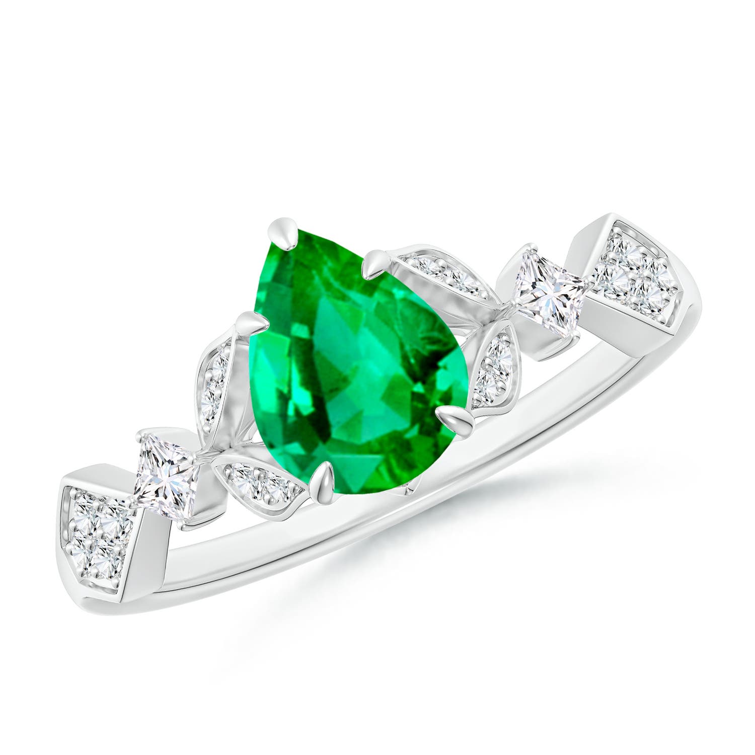 8x6mm AAA Vintage Style Pear Emerald Engagement Ring with Leaf Motifs in White Gold