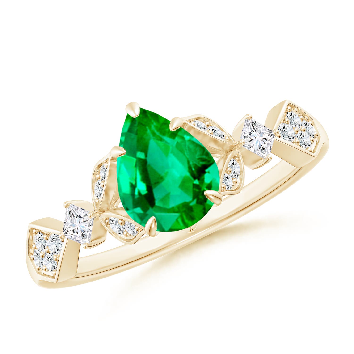 8x6mm AAA Vintage Style Pear Emerald Engagement Ring with Leaf Motifs in Yellow Gold