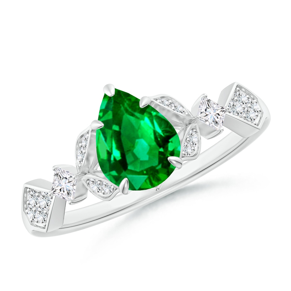 8x6mm AAAA Vintage Style Pear Emerald Engagement Ring with Leaf Motifs in P950 Platinum 