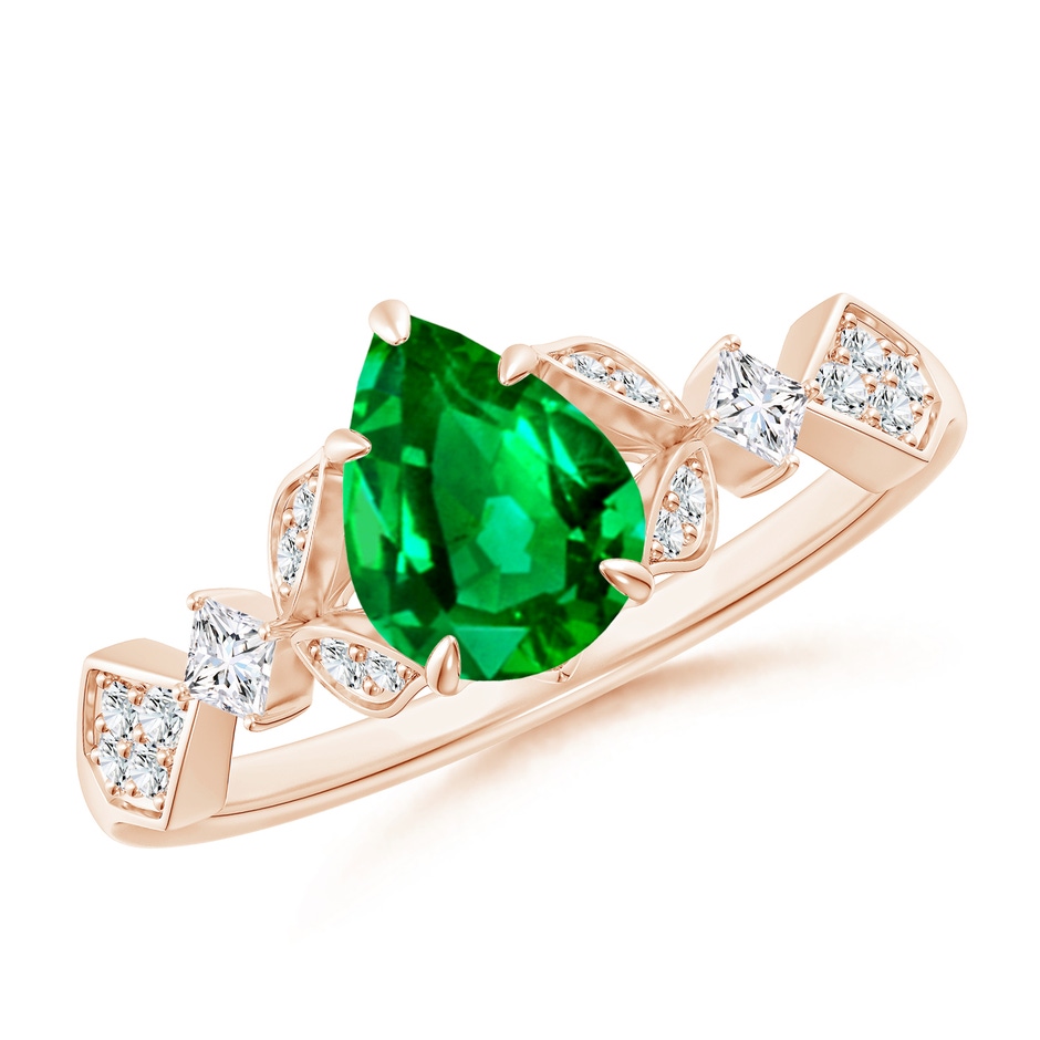 8x6mm AAAA Vintage Style Pear Emerald Engagement Ring with Leaf Motifs in Rose Gold 