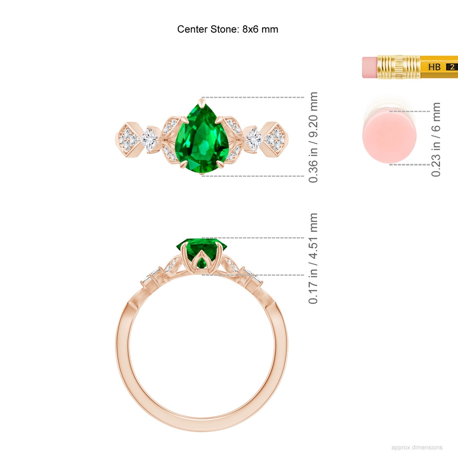 8x6mm AAAA Vintage Style Pear Emerald Engagement Ring with Leaf Motifs in Rose Gold ruler