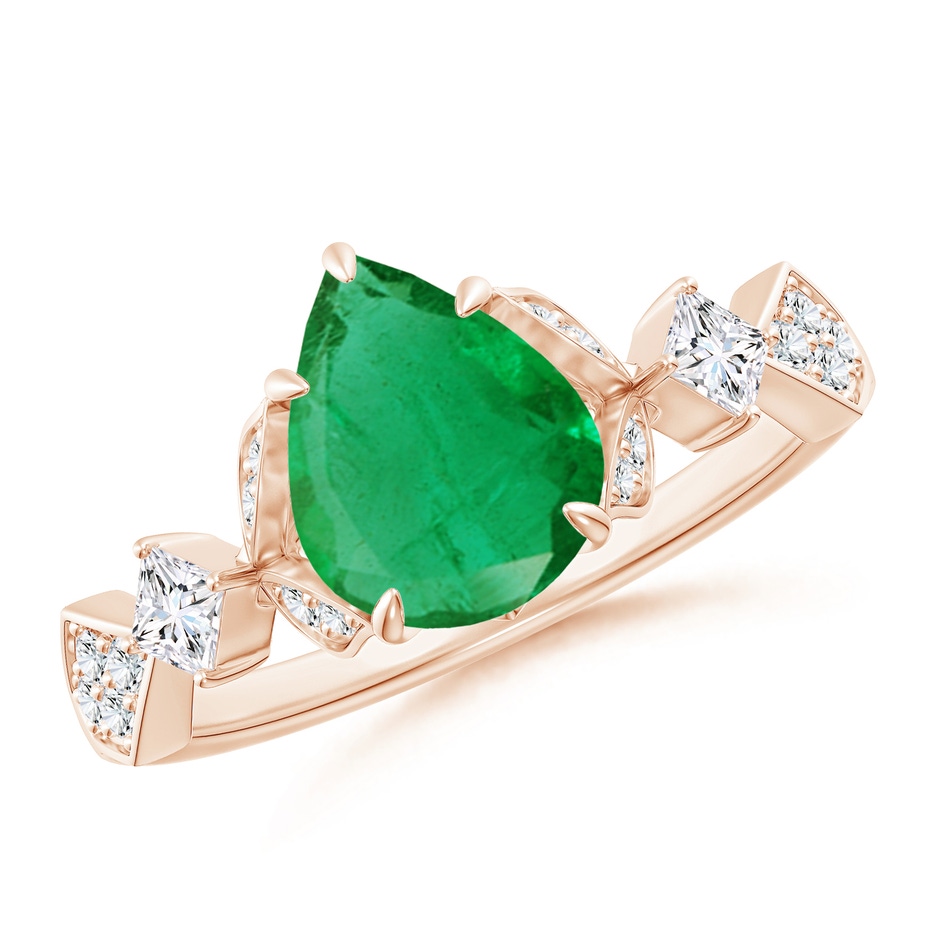 9x7mm AA Vintage Style Pear Emerald Engagement Ring with Leaf Motifs in 18K Rose Gold 