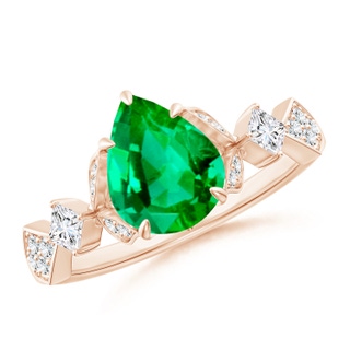 9x7mm AAA Vintage Style Pear Emerald Engagement Ring with Leaf Motifs in 18K Rose Gold