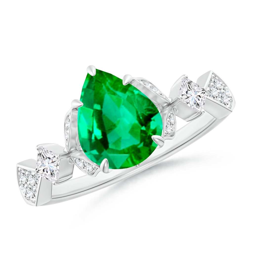 9x7mm AAA Vintage Style Pear Emerald Engagement Ring with Leaf Motifs in White Gold