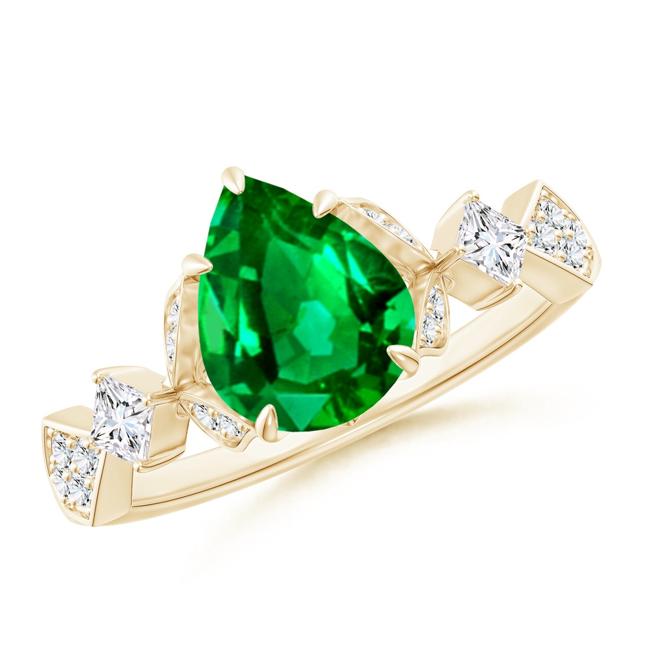 9x7mm AAAA Vintage Style Pear Emerald Engagement Ring with Leaf Motifs in Yellow Gold 