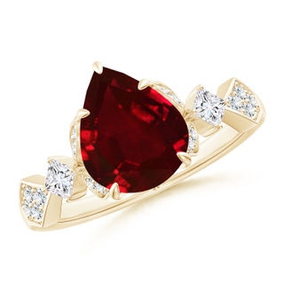 10x8mm AAAA Vintage Style Pear Ruby Engagement Ring with Leaf Motifs in 18K Yellow Gold