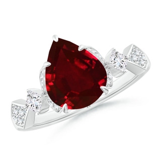 10x8mm AAAA Vintage Style Pear Ruby Engagement Ring with Leaf Motifs in P950 Platinum