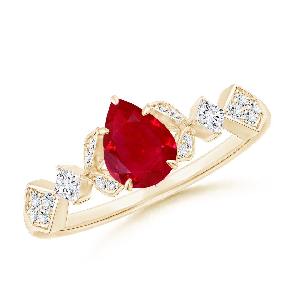 7x5mm AAA Vintage Style Pear Ruby Engagement Ring with Leaf Motifs in Yellow Gold 