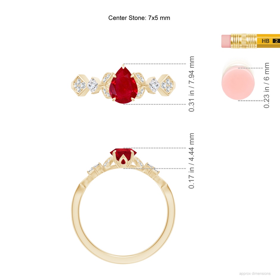 7x5mm AAA Vintage Style Pear Ruby Engagement Ring with Leaf Motifs in Yellow Gold ruler