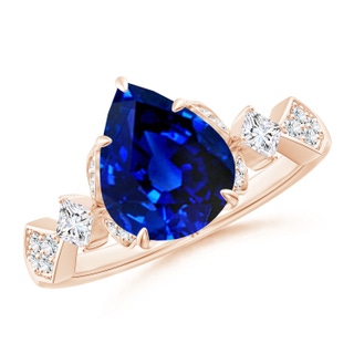 10x8mm AAAA Vintage Style Pear Blue Sapphire Engagement Ring with Leaf Motifs in 18K Rose Gold