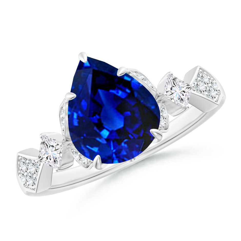 10x8mm Lab-Grown Vintage Style Pear Blue Sapphire Engagement Ring with Leaf Motifs in 18K White Gold 