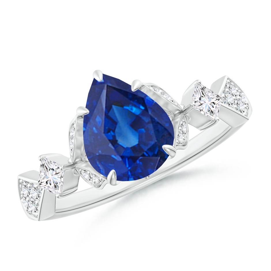 9x7mm AAA Vintage Style Pear Blue Sapphire Engagement Ring with Leaf Motifs in White Gold 