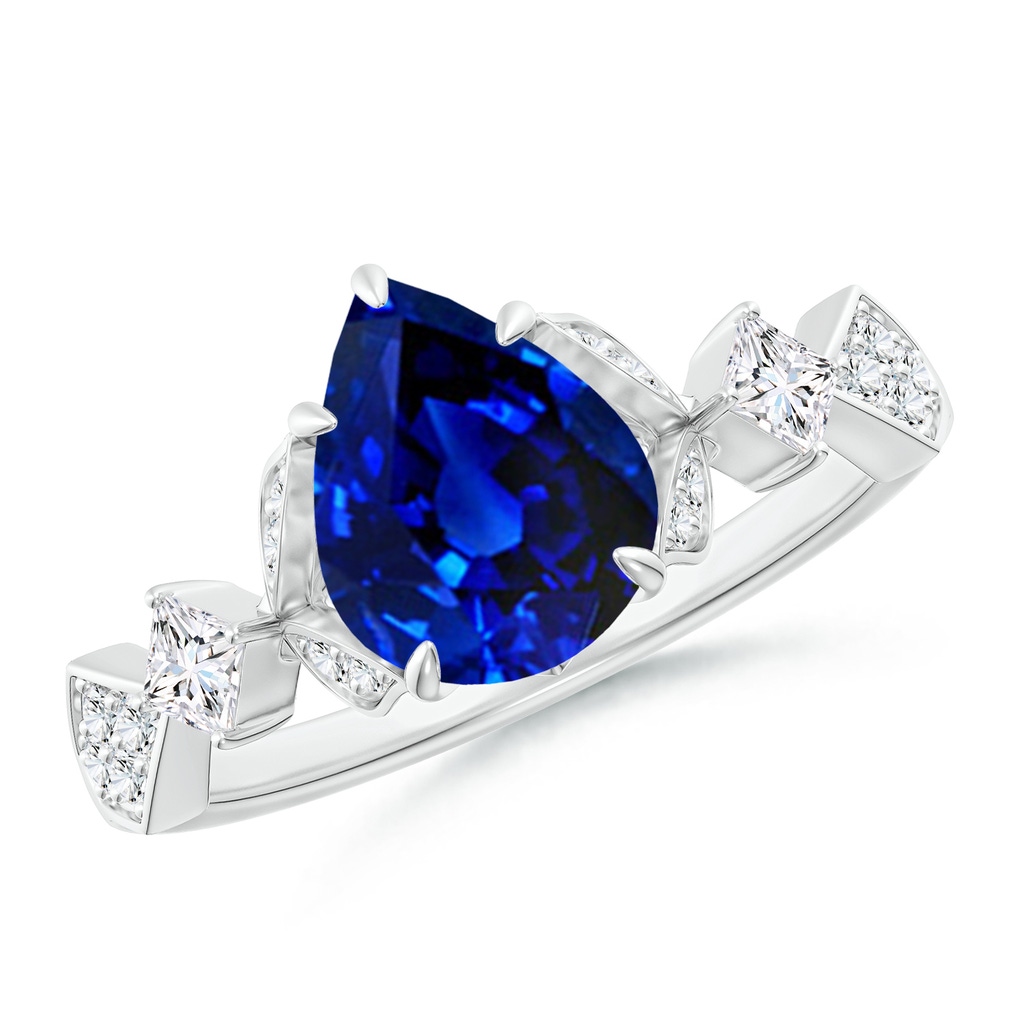 9x7mm Lab-Grown Vintage Style Pear Blue Sapphire Engagement Ring with Leaf Motifs in White Gold