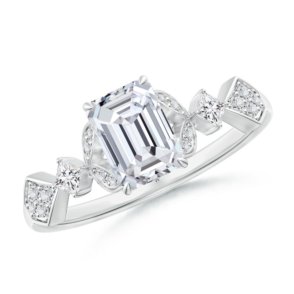 7x5mm HSI2 Vintage Style Emerald-Cut Diamond Engagement Ring with Leaf Motifs in White Gold 