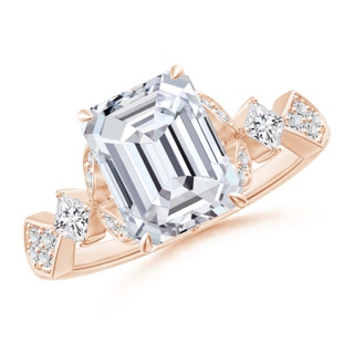 8.5x6.5mm HSI2 Vintage Style Emerald-Cut Diamond Engagement Ring with Leaf Motifs in Rose Gold