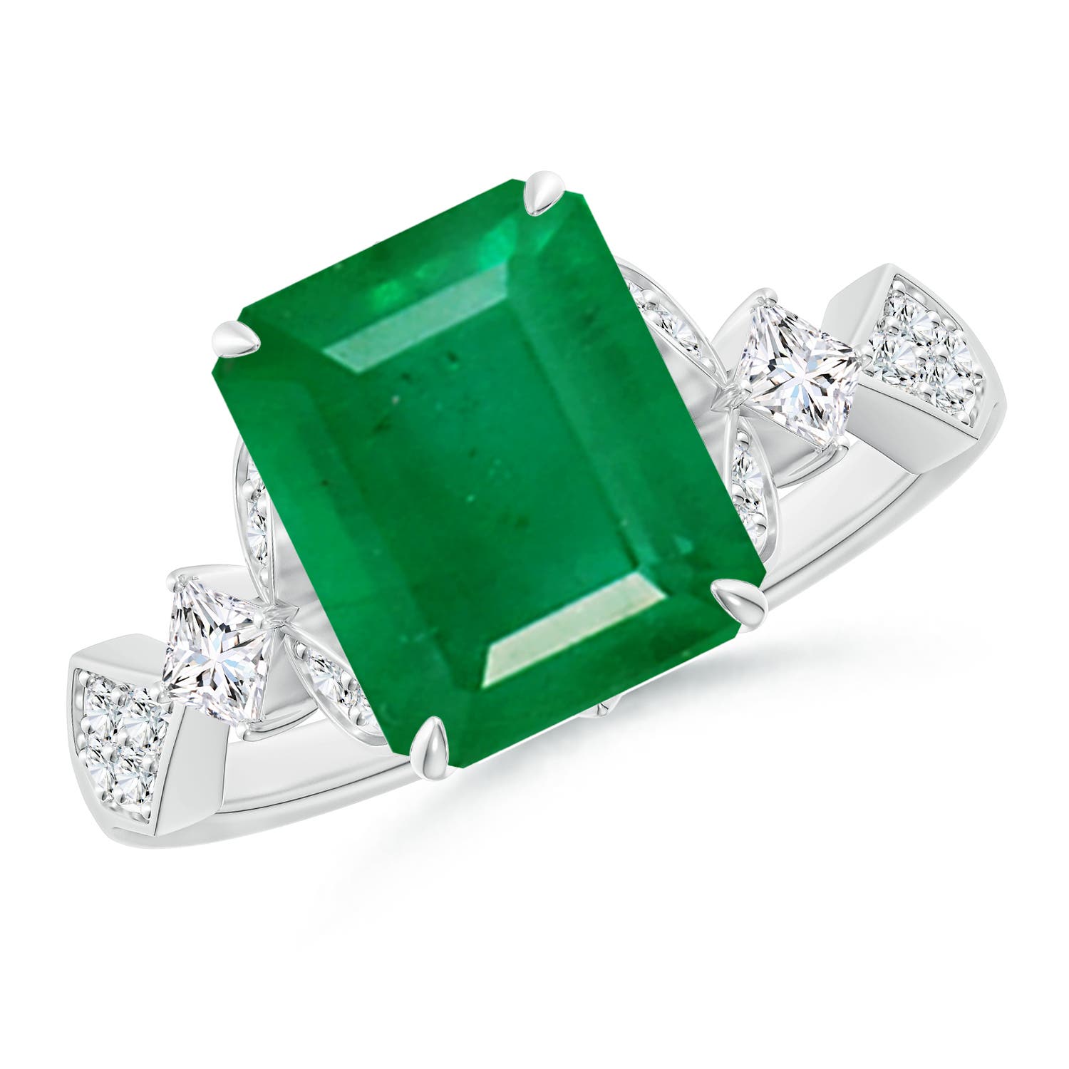 10x8mm AA Vintage Style Emerald-Cut Emerald Engagement Ring with Leaf Motifs in White Gold