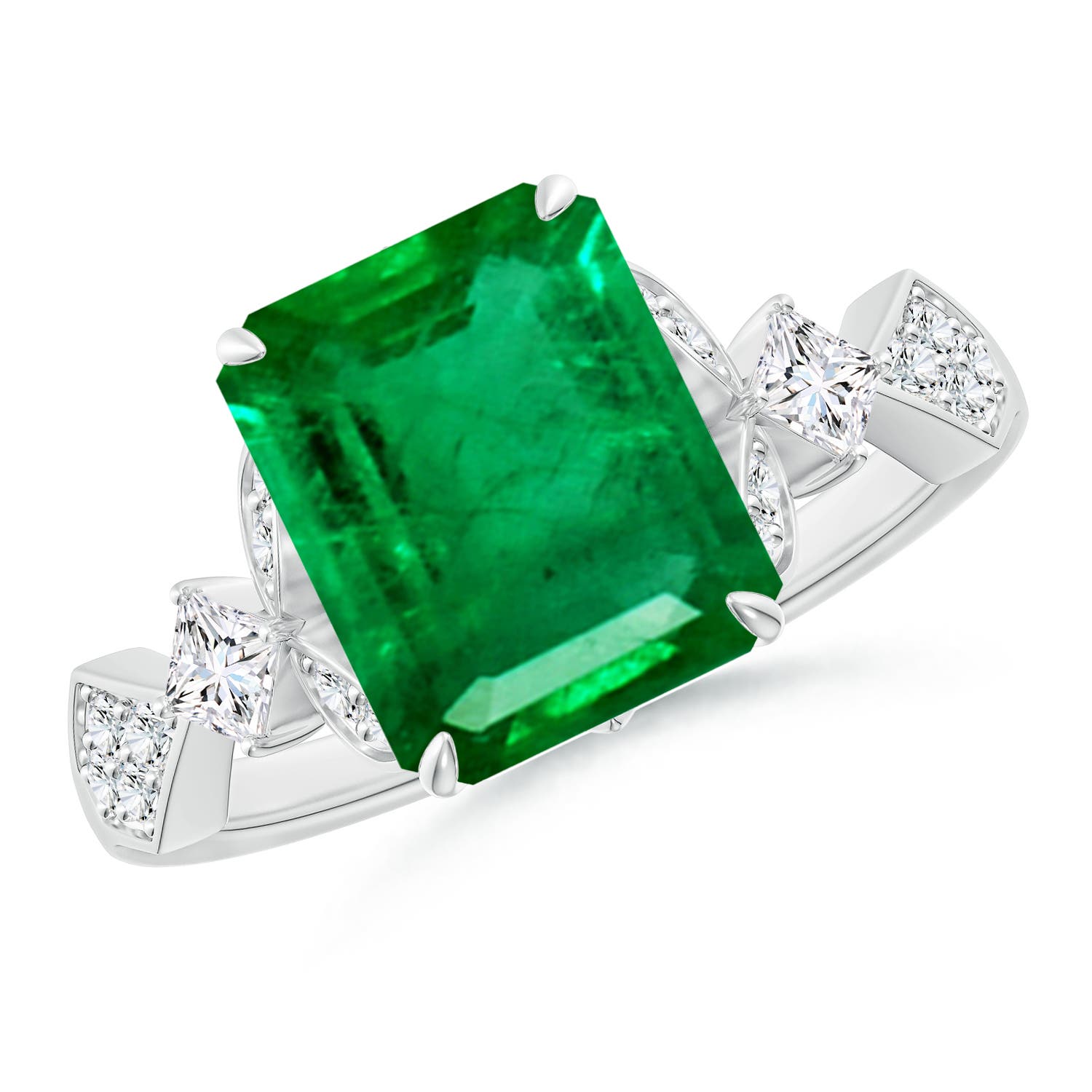 10x8mm AAA Vintage Style Emerald-Cut Emerald Engagement Ring with Leaf Motifs in White Gold