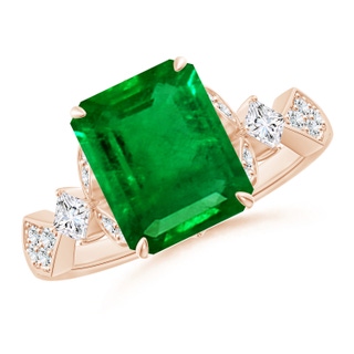 10x8mm AAAA Vintage Style Emerald-Cut Emerald Engagement Ring with Leaf Motifs in 10K Rose Gold