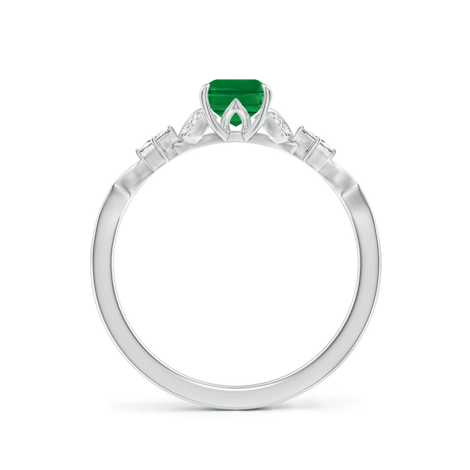 7x5mm AAA Vintage Style Emerald-Cut Emerald Engagement Ring with Leaf Motifs in White Gold - side 2
