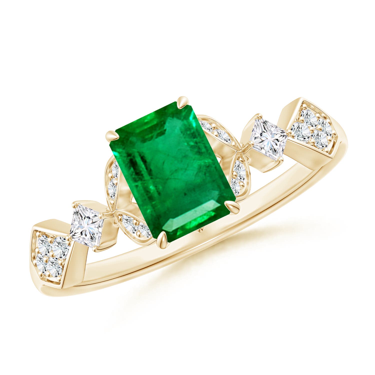 7x5mm AAA Vintage Style Emerald-Cut Emerald Engagement Ring with Leaf Motifs in Yellow Gold
