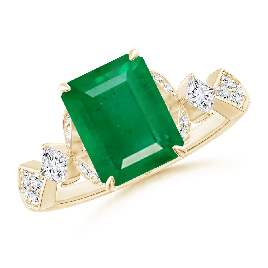 9x7mm AA Vintage Style Emerald-Cut Emerald Engagement Ring with Leaf Motifs in Yellow Gold 