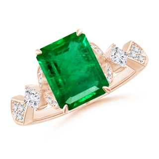 9x7mm AAA Vintage Style Emerald-Cut Emerald Engagement Ring with Leaf Motifs in 10K Rose Gold