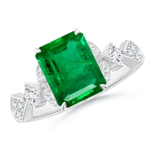 9x7mm AAA Vintage Style Emerald-Cut Emerald Engagement Ring with Leaf Motifs in White Gold