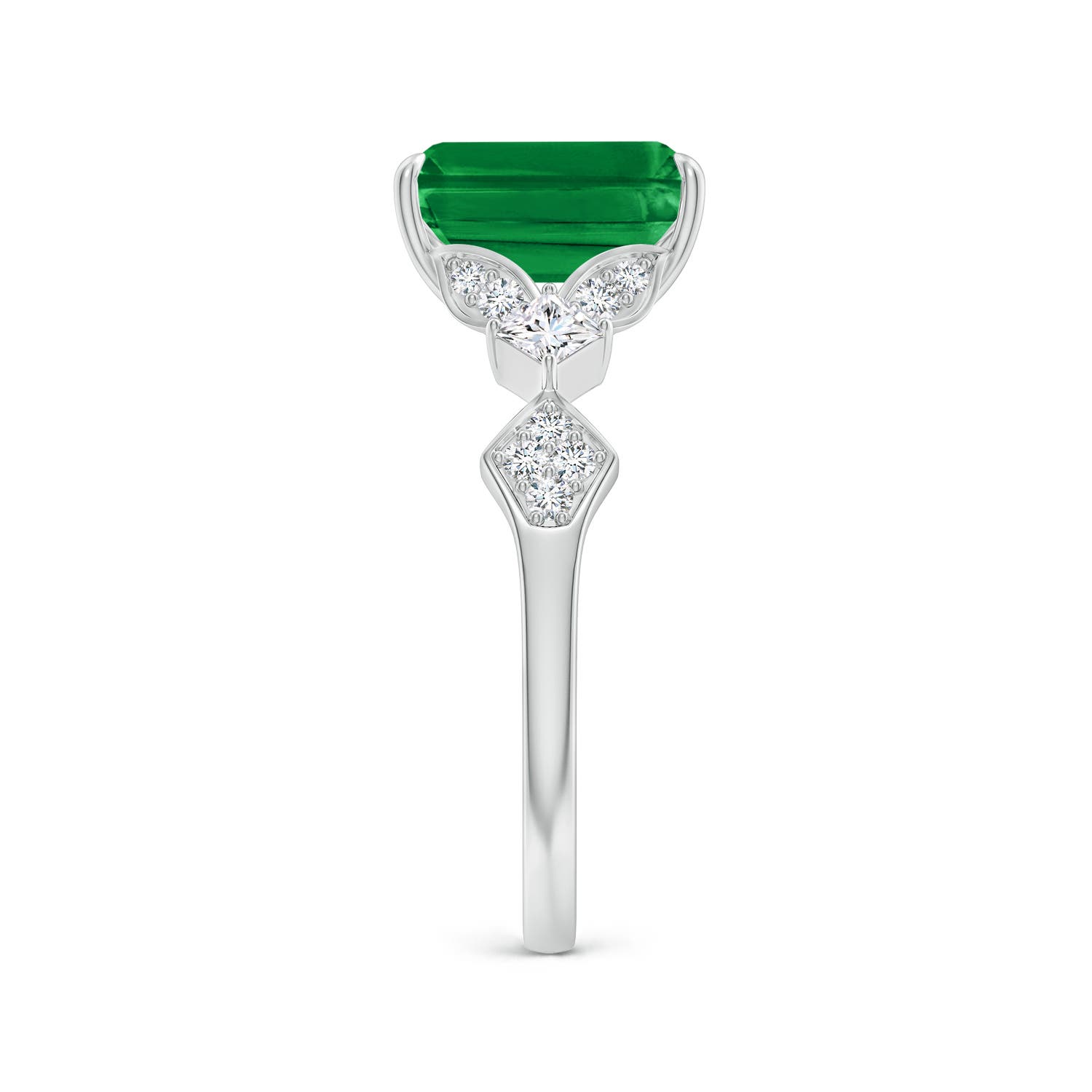 9x7mm AAA Vintage Style Emerald-Cut Emerald Engagement Ring with Leaf Motifs in White Gold - side 3