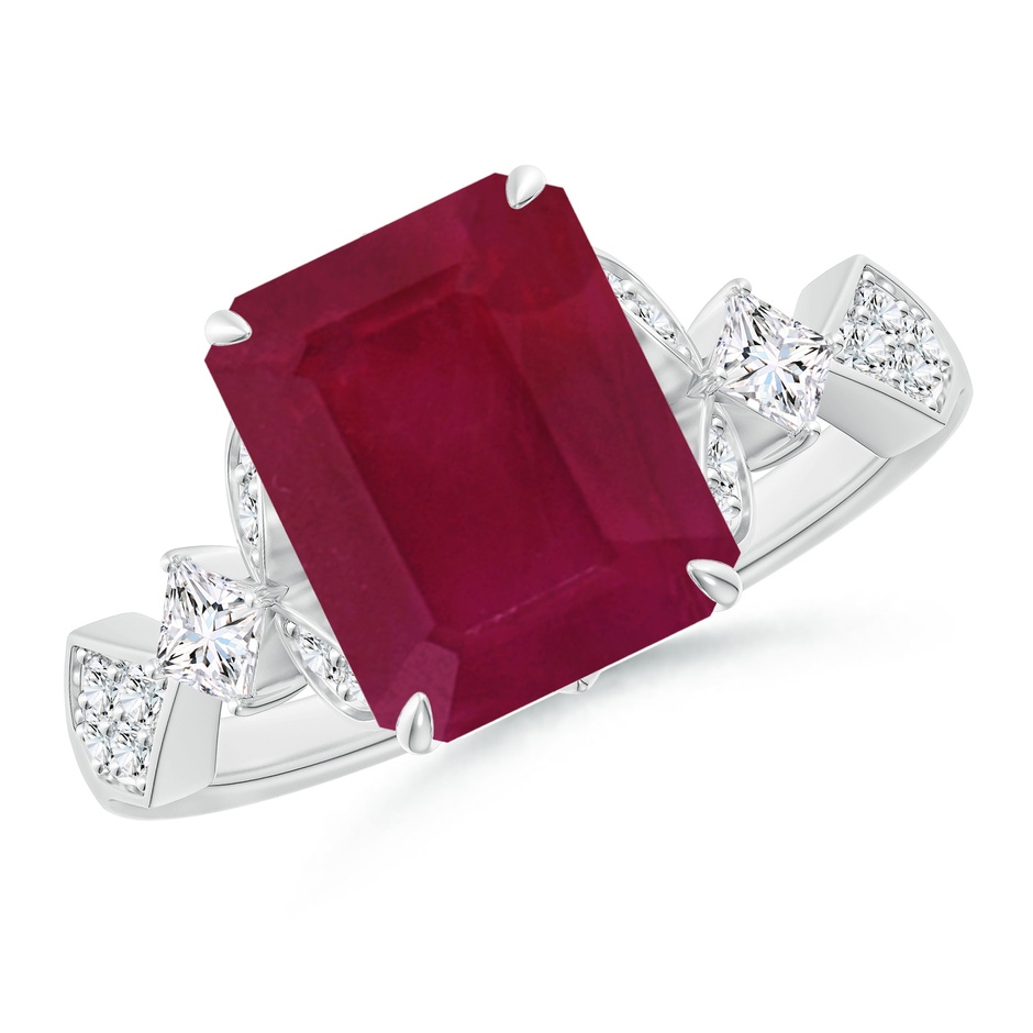 10x8mm A Vintage Style Emerald-Cut Ruby Engagement Ring with Leaf Motifs in 18K White Gold 