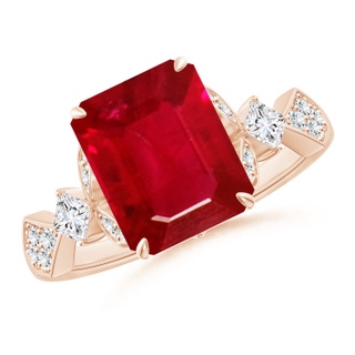 10x8mm AAA Vintage Style Emerald-Cut Ruby Engagement Ring with Leaf Motifs in Rose Gold