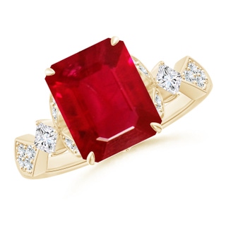 10x8mm AAA Vintage Style Emerald-Cut Ruby Engagement Ring with Leaf Motifs in Yellow Gold