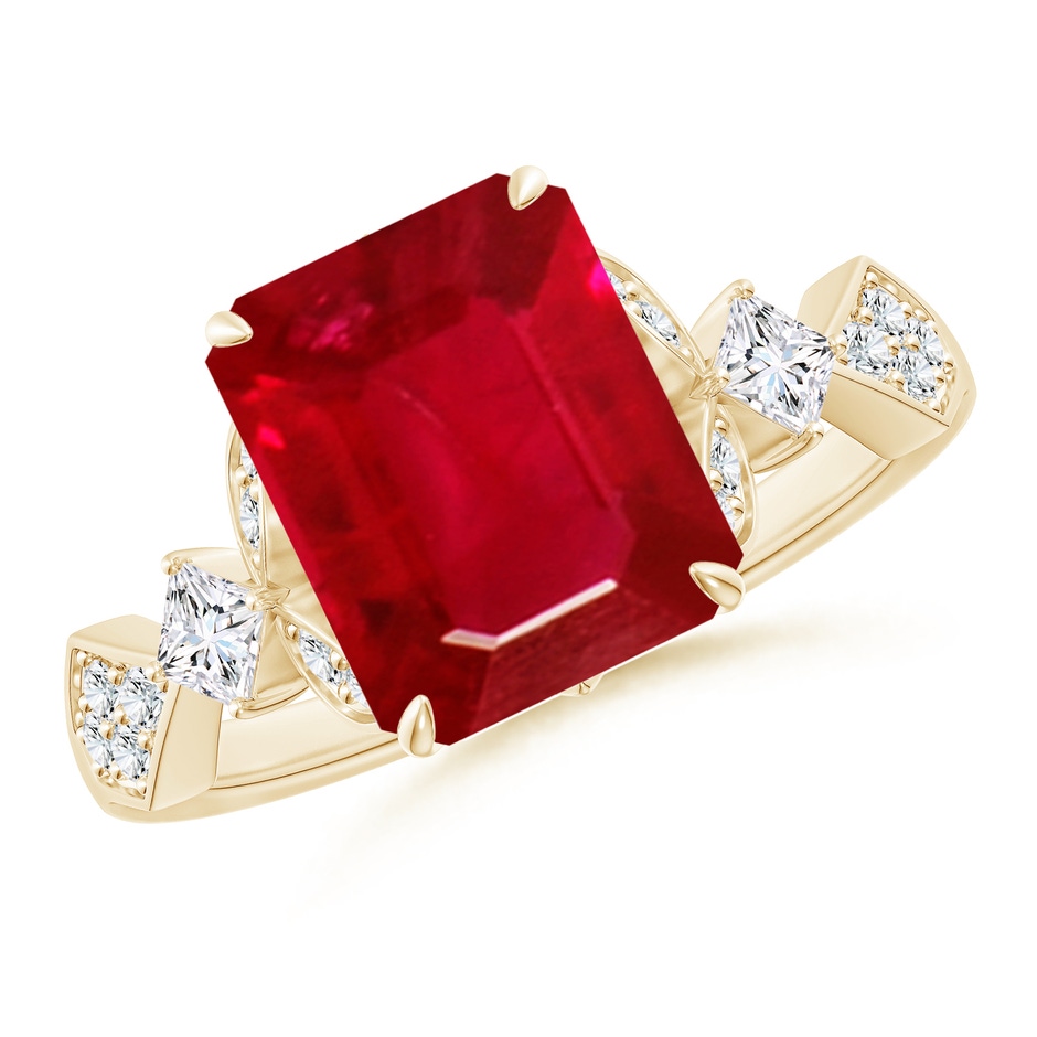 10x8mm AAA Vintage Style Emerald-Cut Ruby Engagement Ring with Leaf Motifs in Yellow Gold 
