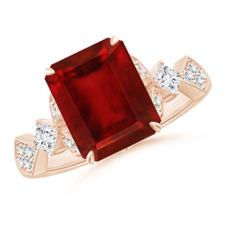 10x8mm AAAA Vintage Style Emerald-Cut Ruby Engagement Ring with Leaf Motifs in 18K Rose Gold