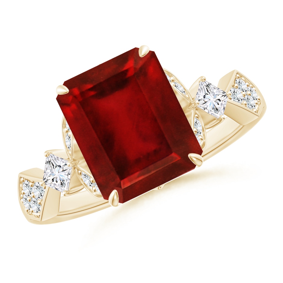 10x8mm AAAA Vintage Style Emerald-Cut Ruby Engagement Ring with Leaf Motifs in Yellow Gold 