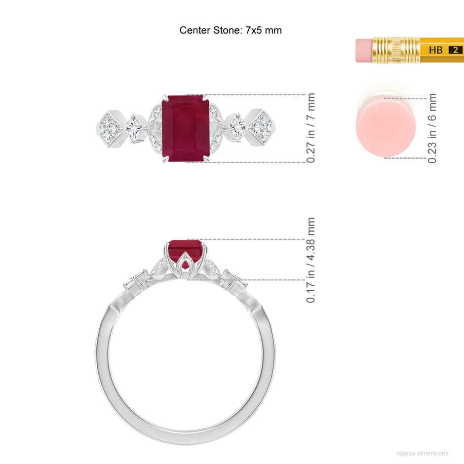 7x5mm A Vintage Style Emerald-Cut Ruby Engagement Ring with Leaf Motifs in White Gold ruler