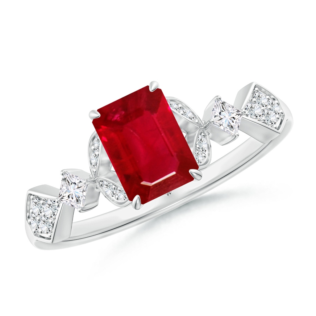 7x5mm AAA Vintage Style Emerald-Cut Ruby Engagement Ring with Leaf Motifs in 18K White Gold
