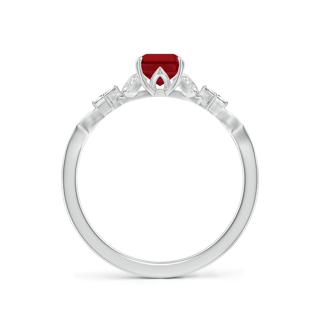 7x5mm AAA Vintage Style Emerald-Cut Ruby Engagement Ring with Leaf Motifs in 18K White Gold - side 199
