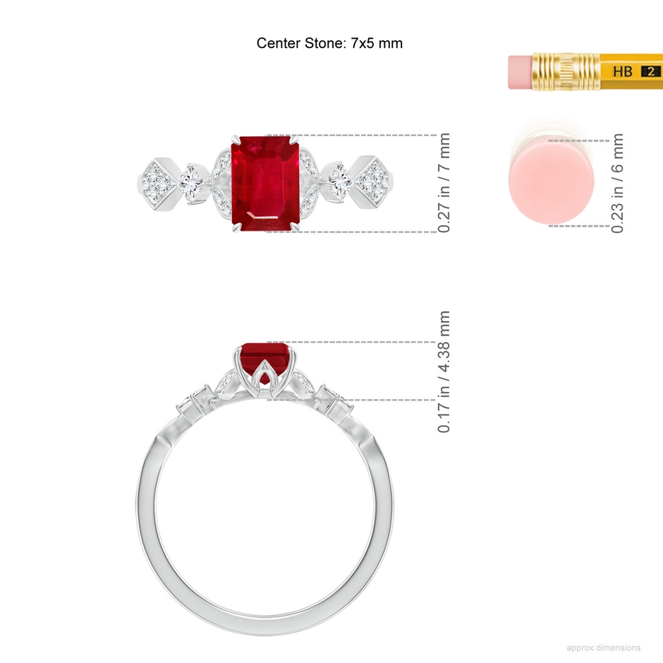 7x5mm AAA Vintage Style Emerald-Cut Ruby Engagement Ring with Leaf Motifs in 18K White Gold ruler