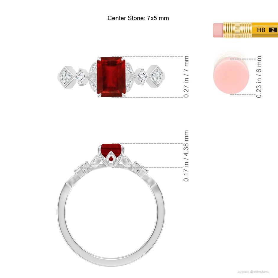 7x5mm AAAA Vintage Style Emerald-Cut Ruby Engagement Ring with Leaf Motifs in P950 Platinum ruler