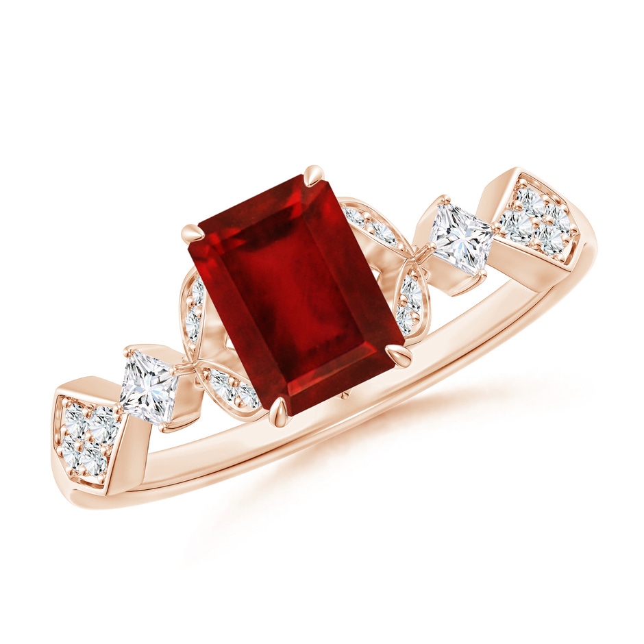 7x5mm AAAA Vintage Style Emerald-Cut Ruby Engagement Ring with Leaf Motifs in Rose Gold 