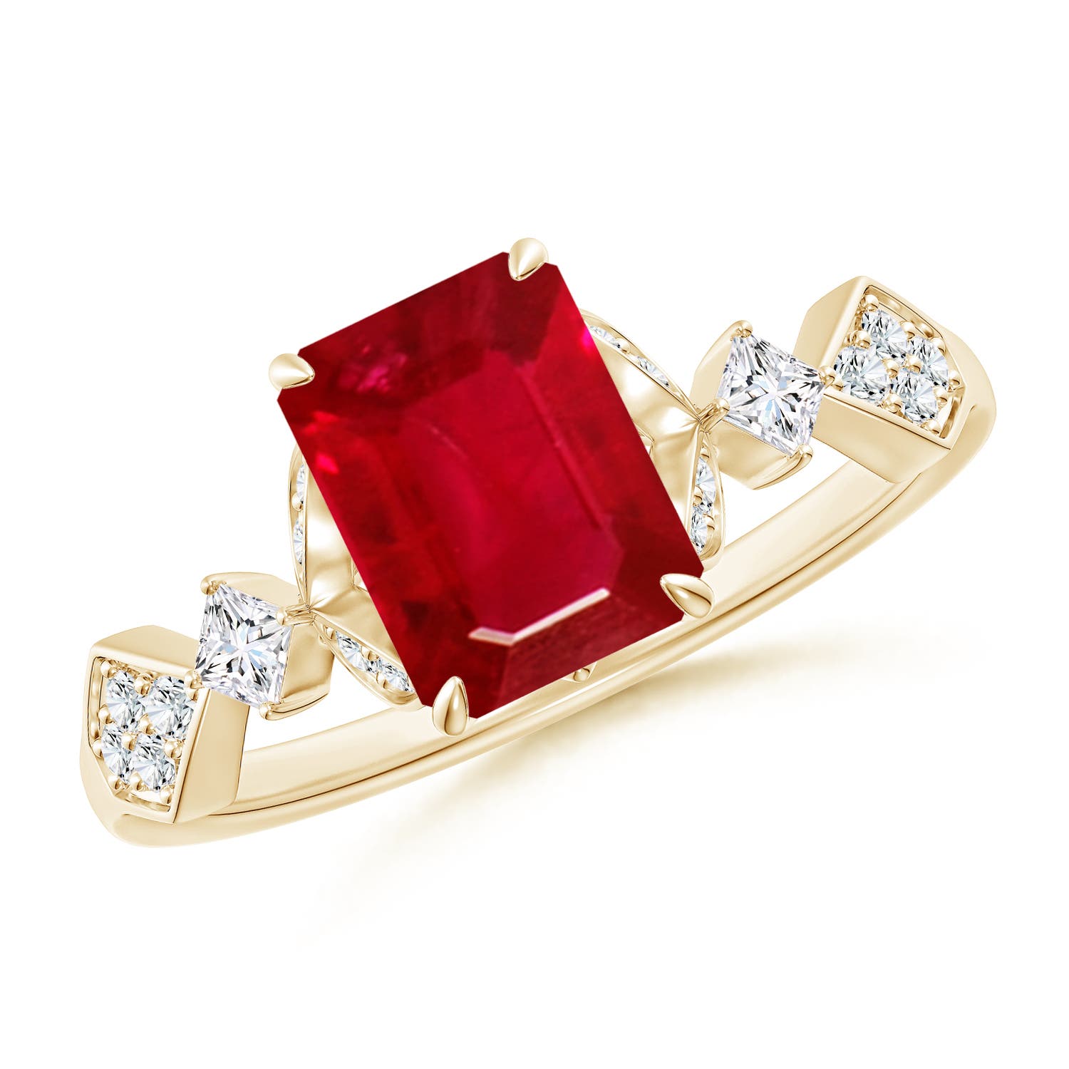 8x6mm AAA Vintage Style Emerald-Cut Ruby Engagement Ring with Leaf Motifs in Yellow Gold